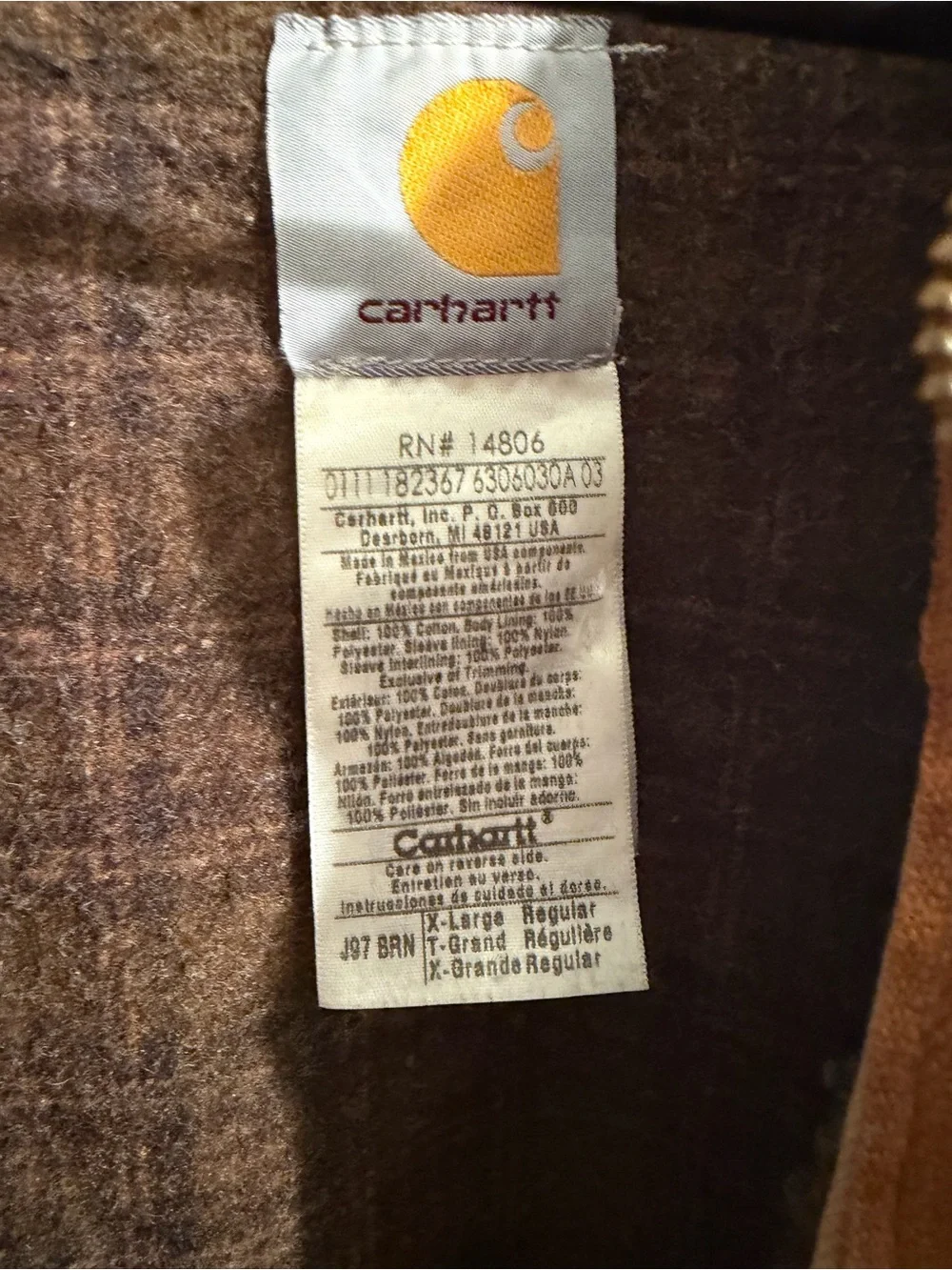 Vintage Carhartt J97 BRN Detroit Jacket Blanket Lined Brown XL Workwear Distress